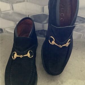 Gucci Women’s Suede Black Loafers with Gold Hardware